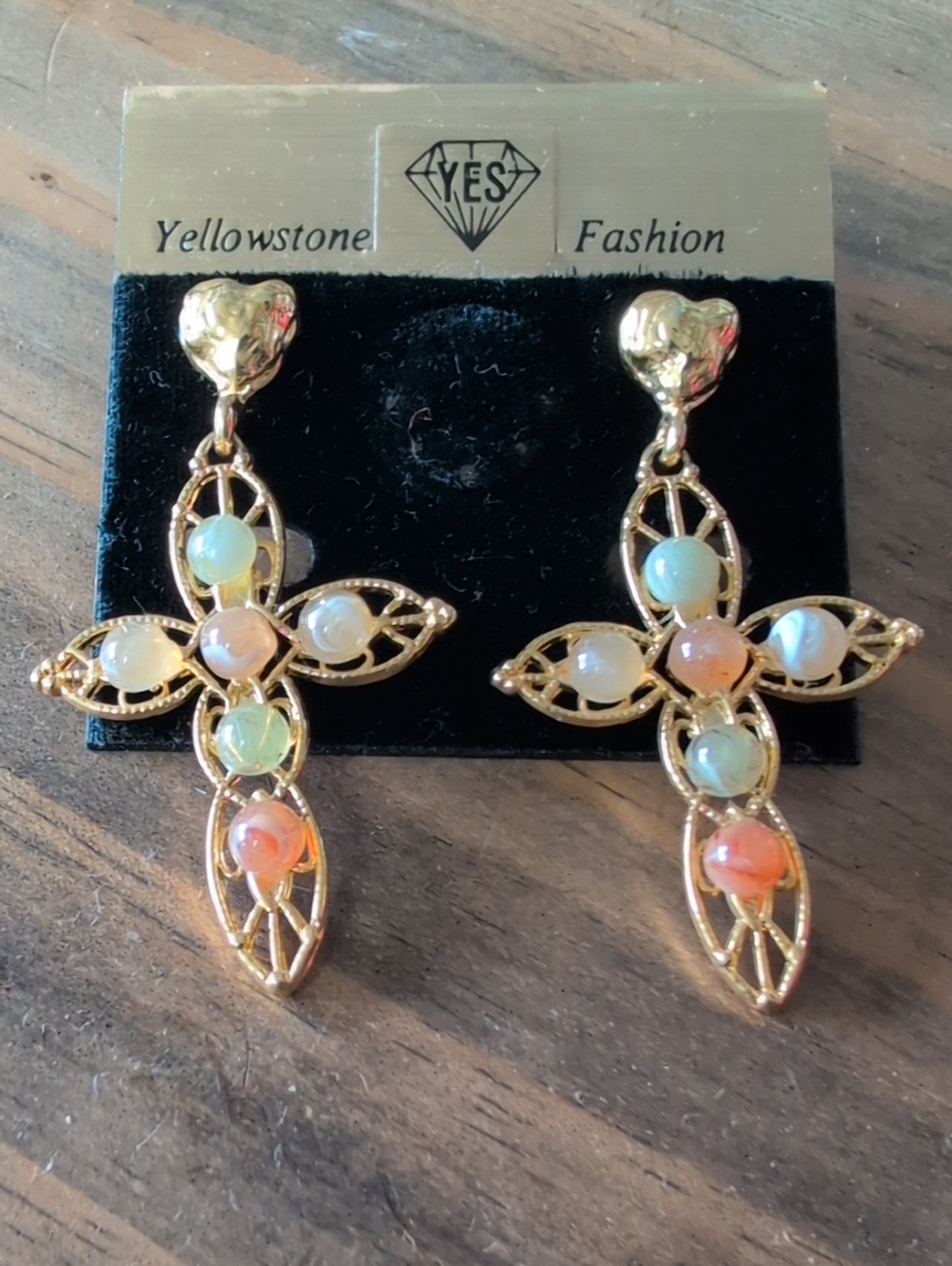 Gold Cross Drop Earrings with Multicolor Cabochons